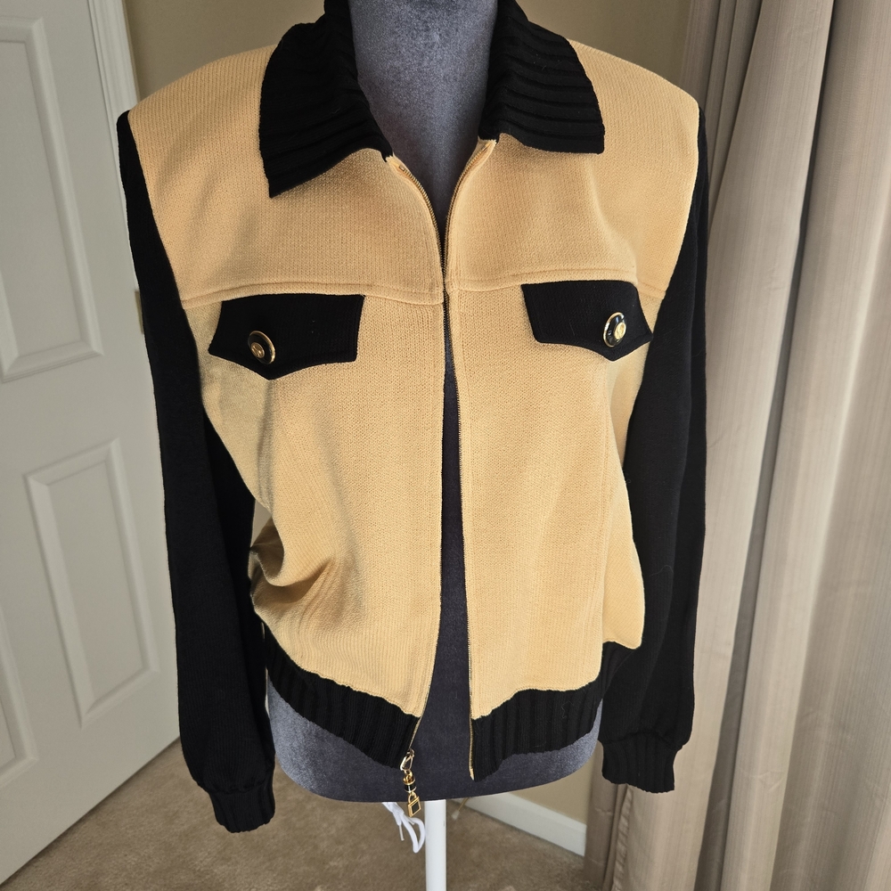 St. John Collection Knit Zip Jacket Camel Black Gold Buttons Size S NWT